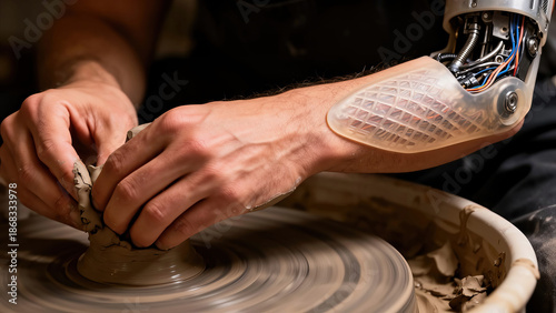 Person uses robotic arm to shape clay on pottery wheel during pottery session in workshop in the evening Generative AI