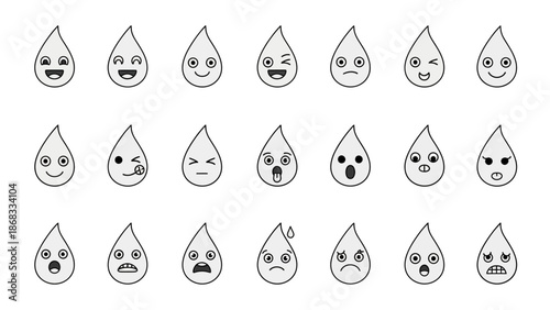 Various emotional water droplet icons with different facial expressions in a grid layout on a plain white background