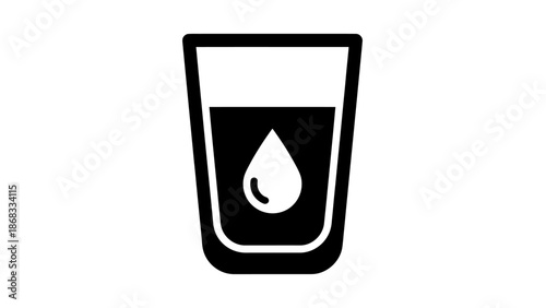 A black and white vector illustration of a glass with a liquid droplet inside