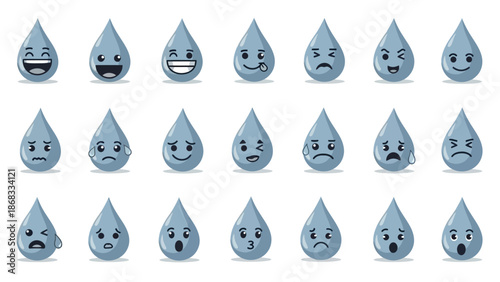 Collection of various emotive water droplets with different facial expressions on a white background