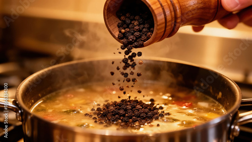 Adding spices to vegetable soup on a stovetop in a kitchen during evening cooking time Generative AI
