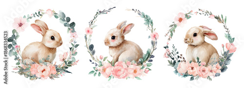 Watercolor spring wreath with cute bunny and flowers. Set of frames with Easter bunny and flowers. elements for Spring and Easter designs. Vector illustration.