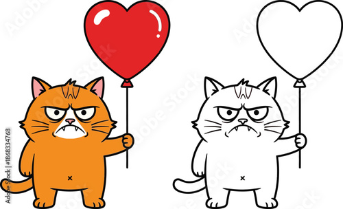 Grumpy Cartoon Cat Holding a Heart Balloon Humorous Feline for Anti Valentines or Quirky Love Themes
