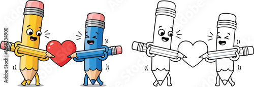 Cute Pencils Exchanging a Heart Adorable Stationery for Love Creativity and Education Themes