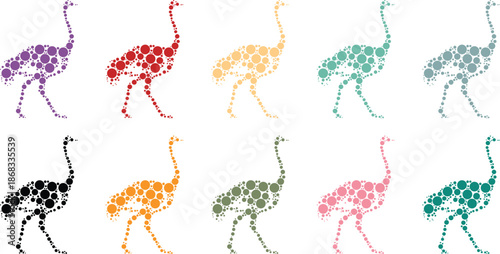 Colorful ostrich silhouettes made of circles, Ostrich bird circle mosaic icons