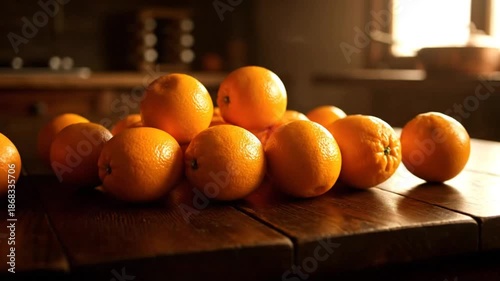 Oranges being poured onto a rustic wooden table in a dimly lit kitchen setting for cooking and food preparation