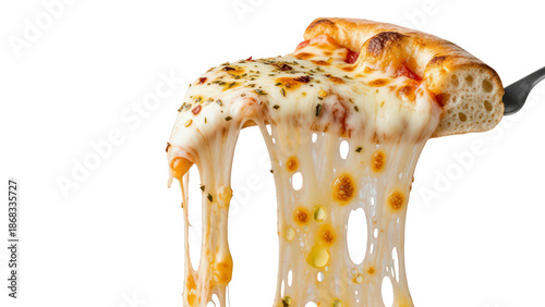 Delicious cheesy pizza slice being pulled up with melted cheese strings