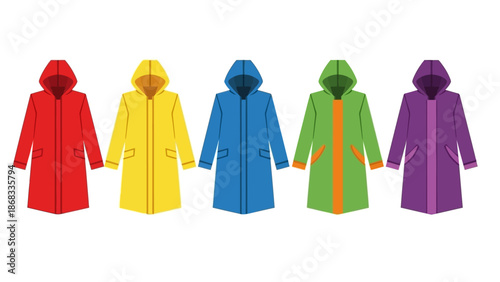 Colorful raincoats arrayed in a row design for fashion or weather concepts