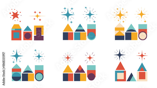 Geometric houses and stars set modern colorful illustration isolated on white
