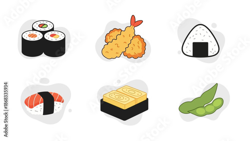 Illustrated assortment of japanese cuisine dishes sushi tempura and more