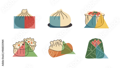 Illustrated dim sum assortment on white background for culinary design