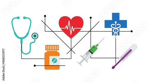 Medical symbols and icons on white background represent health and healthcare