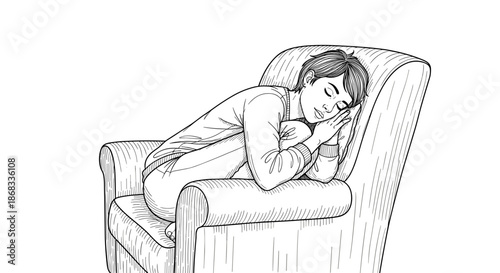 Person sleeping curled up in armchair sketch