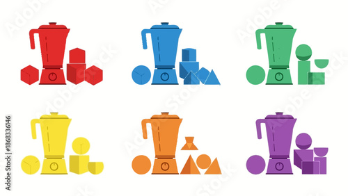 Colorful blender illustrations with geometric shapes for culinary or design