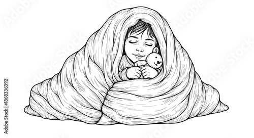 Child sleeping with teddy bear wrapped in blanket sketch