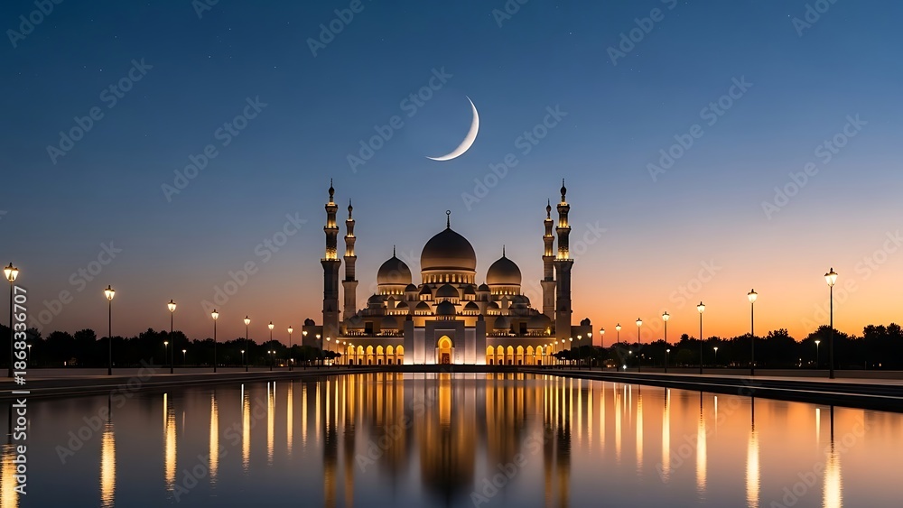Fototapeta premium Illuminated Mosque at Sunset with Crescent Moon Reflection