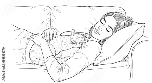 Woman sleeping with cat on sofa sketch