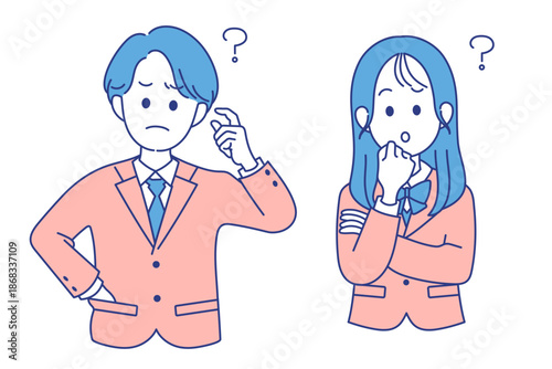 学生　男女　疑問　表情　ポーズ