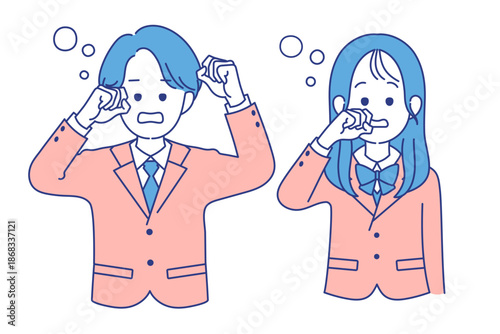 学生　男女　眠い表情　ポーズ