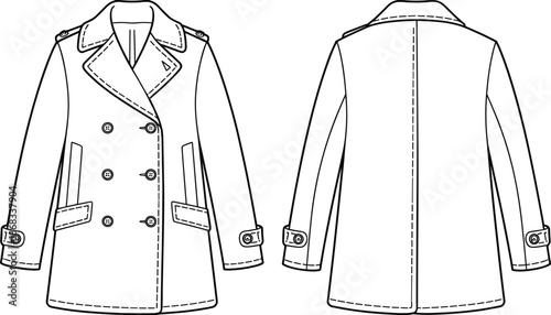 Women’s wool pea coat technical flat, double breasted winter fashion jacket, classic outerwear design template, stylish clothing vector illustration, garment sketch