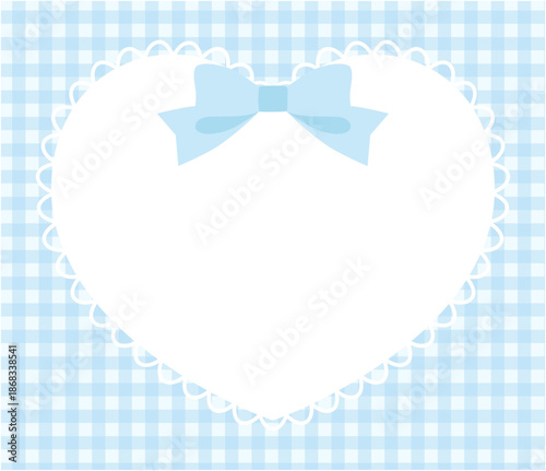 リボンがついたかわいいハートのレースフレームのベクターイラスト。ギンガムチェック