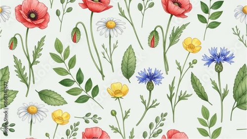 A serene floral pattern featuring poppies, daisies, and cornflowers in a lush garden setting from a top-down viewpoint