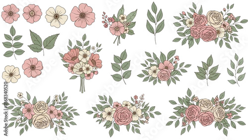 A collection of floral arrangements and bouquets with pastel flowers and lush greenery