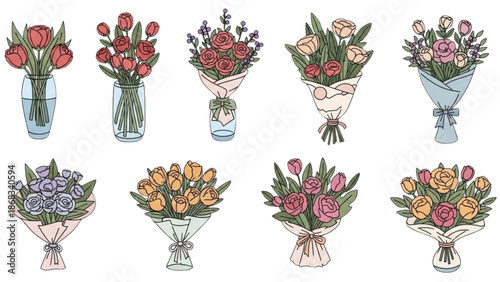 Various colorful bouquets of flowers arranged in vases and displayed from a straightforward viewpoint