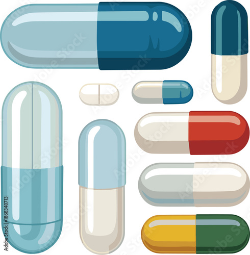 Isolated a kinds of deferent Glass Empty Safety Capsule Showcase. Empty Medicine Capsule Pill vector art with white background.