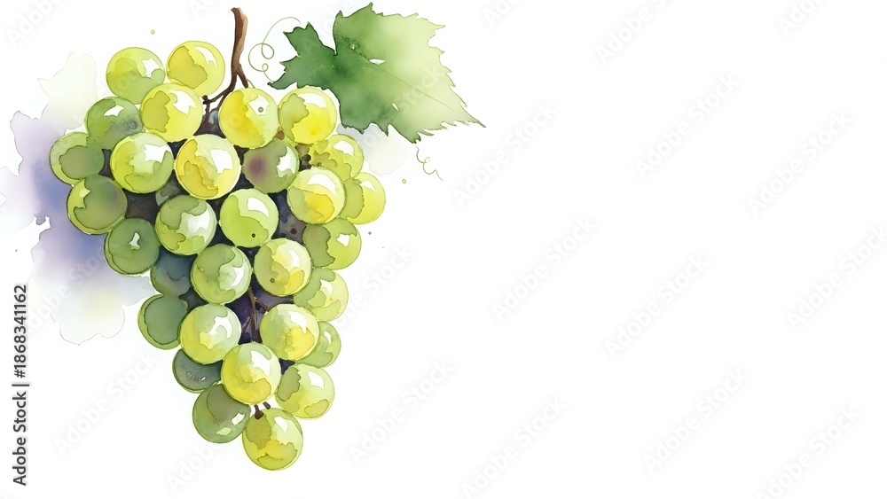 Obraz premium Fresh green grapes cluster with leaves in watercolor style on white background, isolated fruit illustration for wine and food design projects.