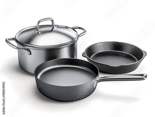  stainless steel cooking pot and a cast iron skillet, minimalistic composition on a transparent background