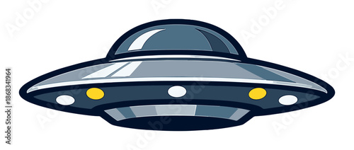 Cartoon ufo illustration with glowing lights on gradient background