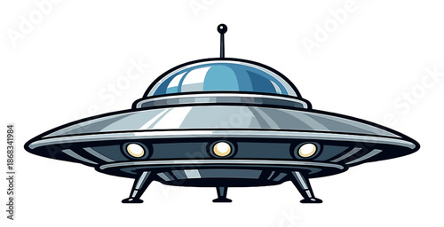 Cartoon ufo spaceship with lights on gray background