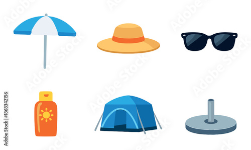 Summer essentials collection: umbrella, hat, sunglasses, sunscreen, tent, base weight