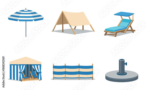 Beach accessories collection: umbrella, tent, lounger, cabana, windbreak, base