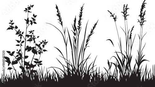 A black silhouette vector illustration of a floral grass pattern featuring nature elements like leaves, wheat, and reed branches designed for spring and summer flora art decoration