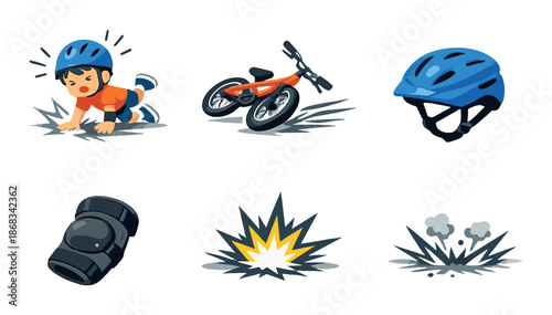 Illustrated safety scene featuring young asian male child with helmet and bicycle accident