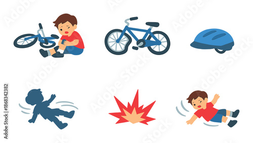 Animated child bicycle accident illustration with safety gear and fall sequence