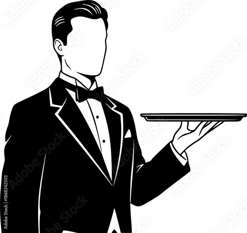 
Butler silhouette – Black vector illustration of a waiter holding a serving tray, formal tuxedo with bowtie, hospitality service staff, elegant pose, restaurant and hotel service concept, clipart, ed
