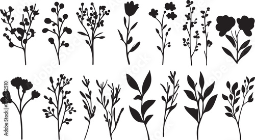 Vector illustration set of tree silhouettes featuring elegant floral patterns and leaf designs for seamless nature wallpaper and decorative spring plant elements