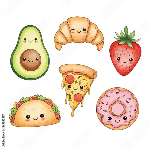 Cute cartoon food and drink icon set with smiling fruits and sweet characters for kids design and patterns