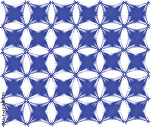 A seamless geometric pattern featuring intricate blue star-like shapes with a textured, embroidered appearance on a clean white background, creating a visually appealing and repetitive design.