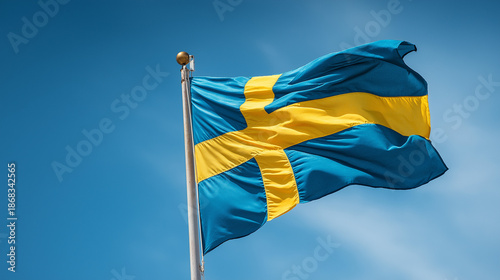 Swedish national flag waving in the wind against blue sky – symbol of Sweden, Scandinavian identity, travel and international relations