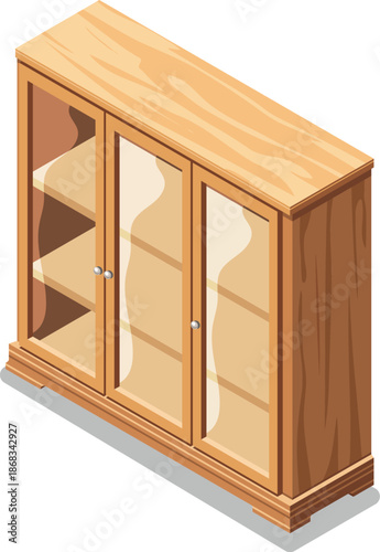 Isometric Cozy scandinavian Empty Wooden Bookcase with Glass Doors for home interior decoration, vector illustration