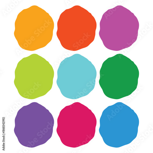 A grid of nine colorful, irregular, blob-like shapes in various vibrant hues on a plain white background.