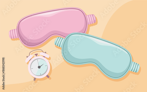 Sleeping masks and alarm clock on a pastel background, symbolizing rest and wakefulness in a serene environment.