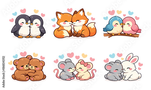 Cute animal couples with hearts in soft light