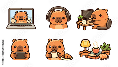 Cute capybaras in various cozy and relaxing activities
