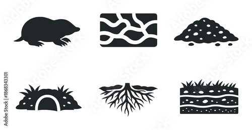 Set of six icons representing soil ecosystem elements and underground life