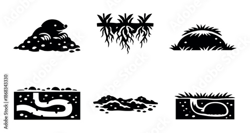 Silhouette of underground ecosystems: mole, roots, worms, and tunnel structures